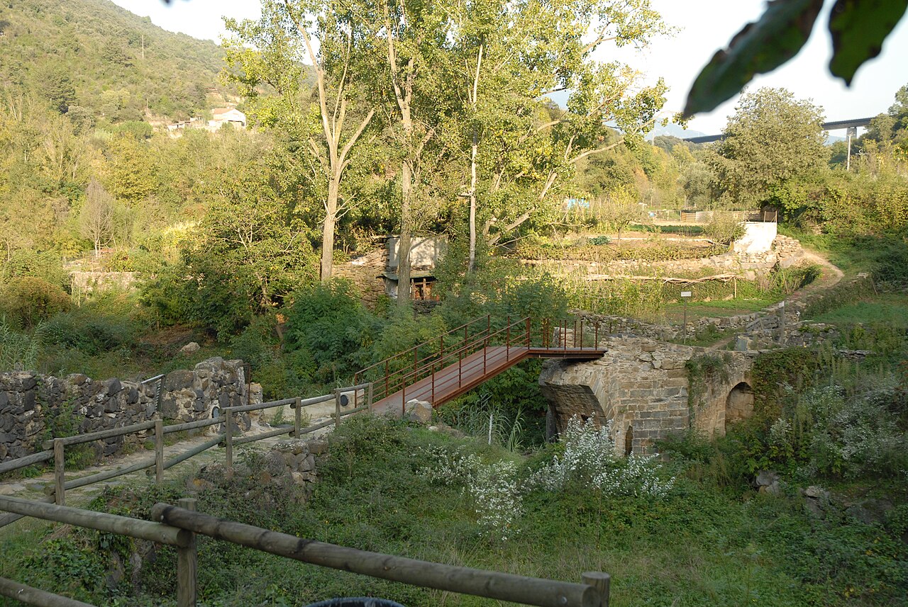 El camino de los huertos y el puente sobre el Toronell en Castellfollit de la Roca
